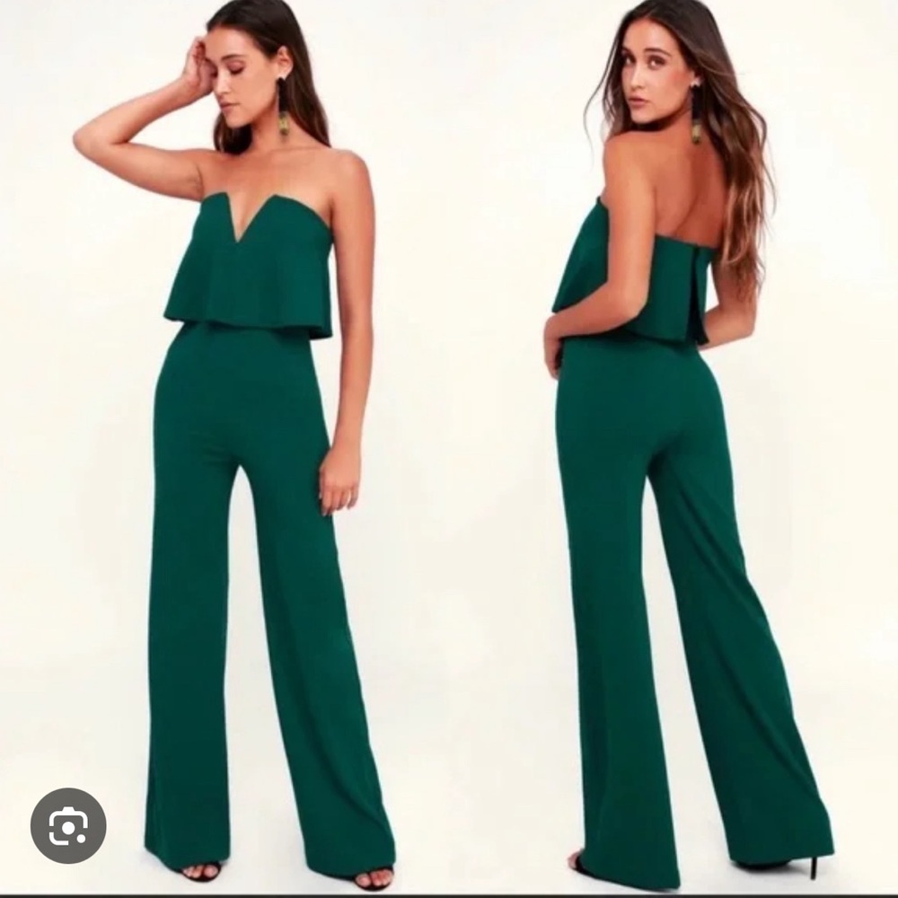 Lulus Power of Love Dark Green Strapless Jumpsuit, size large, flattering